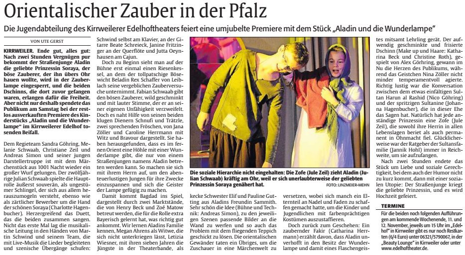 Kritik (Rheinpfalz vom 07.11.2017) zu Aladin und die Wunderlampe